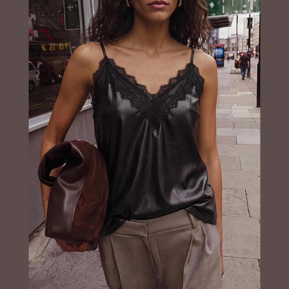 Black Satin Lace Trim V-Neck Spaghetti Strap Cami Top